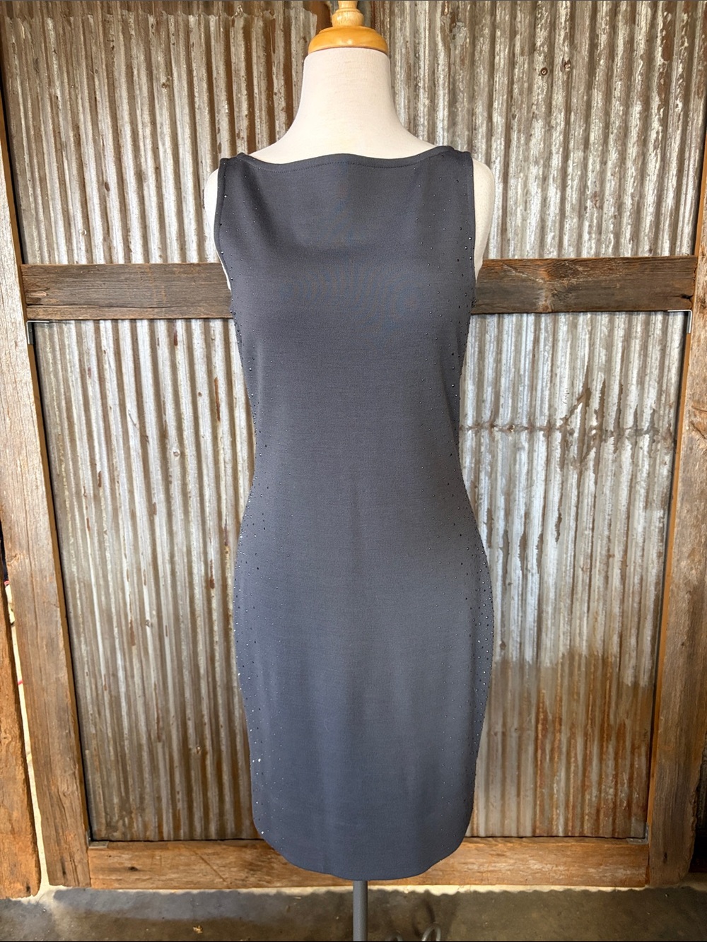 St. John Sleek Gray Sleeveless Stud-Trim Midi Dress